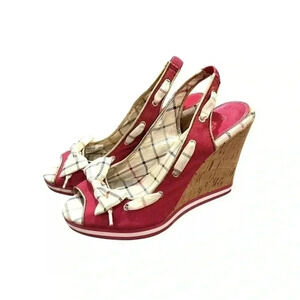 [8B]Coach Twirlino Twirling Open Toe Cork Wedges Bow  Detail Pink Plaid